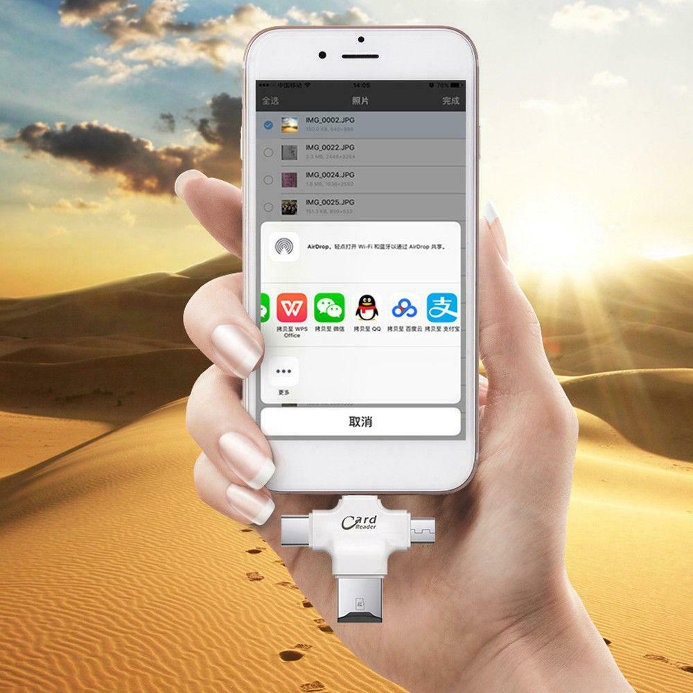 4 in 1 Card Reader Adapter Lightning Micro USB Type-C TF/SD for Iphone Android - Fresh Stock Dated February 2026