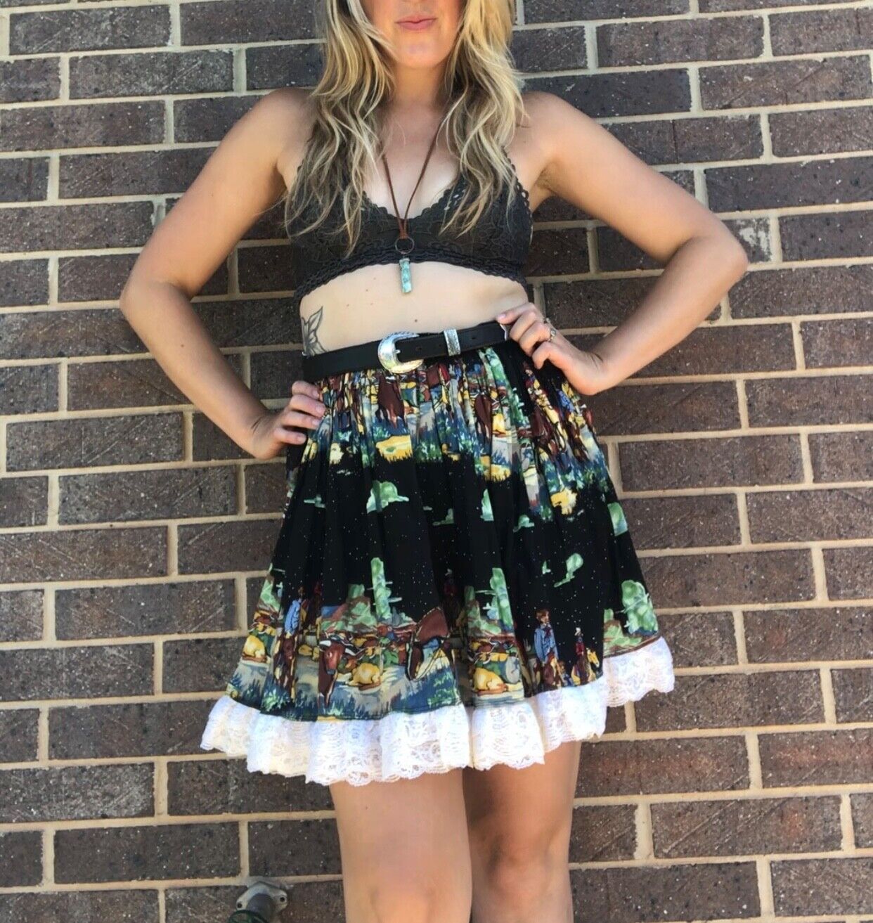 Vintage Handmade Full Circle Mini Skirt M/L Square Dance Cowboy Print Festival - Fresh Stock Dated March 2026