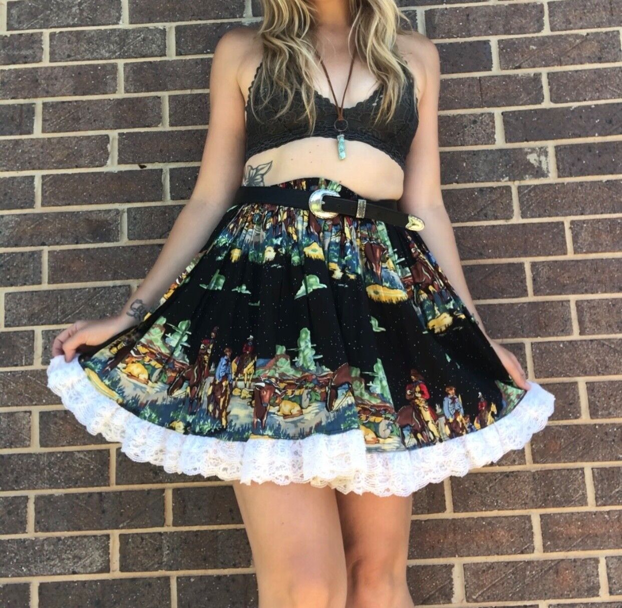 Vintage Handmade Full Circle Mini Skirt M/L Square Dance Cowboy Print Festival - Fresh Stock Dated March 2026