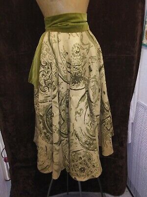 Vintage 1940's 50's Tan Burlap Green Velvet Swing Skirt Size S/XS - Fresh Stock Dated February 2026