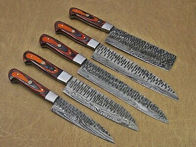5 piece Kitchen knife set, Hand forged hammered Damascus steel Orange Black - Fresh Stock Dated December 2025