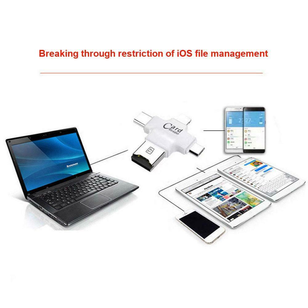 4 in 1 Card Reader Adapter Lightning Micro USB Type-C TF/SD for Iphone Android - Fresh Stock Dated February 2026