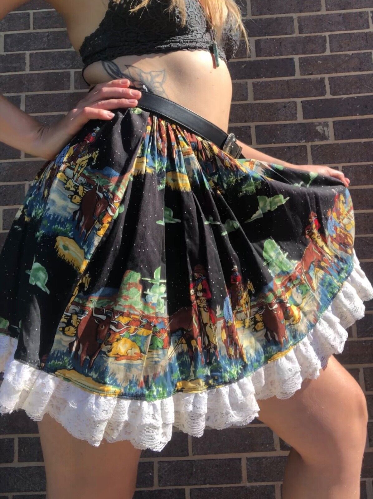 Vintage Handmade Full Circle Mini Skirt M/L Square Dance Cowboy Print Festival - Fresh Stock Dated March 2026