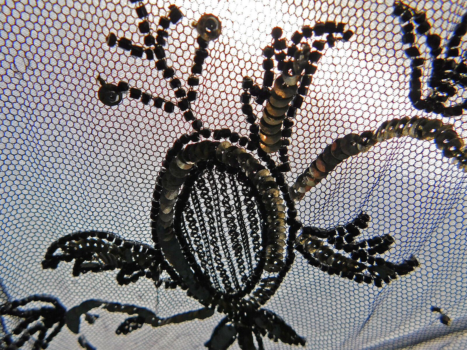 Vintage 1920s Art Deco Black Net Silver Sequin Beaded Skirt Panel Dress Fabric - Fresh Stock Dated February 2026