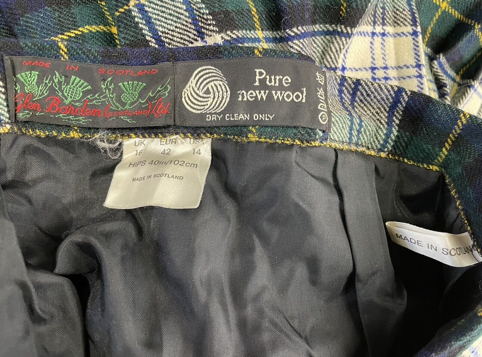 Vintage Glen Barden 100% Wool Green Blue Plaid Tartan Kilt Skirt Scottish US 14 - Fresh Stock Dated March 2026