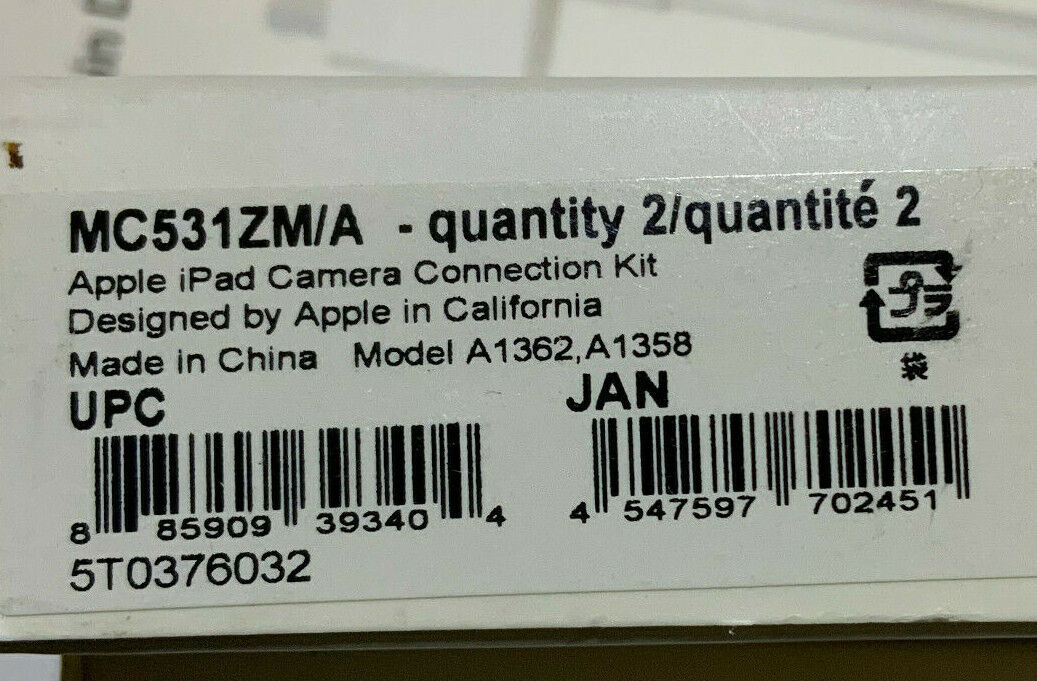 Apple iPad Camera Connection Kit Model MC531ZM/A (A1362 A1358) - Fresh Stock Dated February 2026