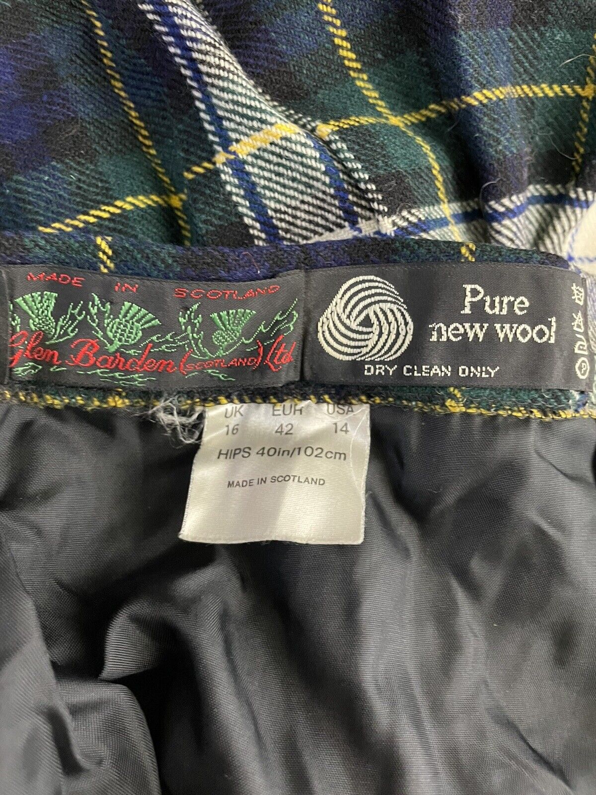 Vintage Glen Barden 100% Wool Green Blue Plaid Tartan Kilt Skirt Scottish US 14 - Fresh Stock Dated March 2026