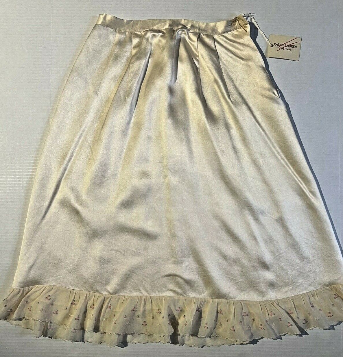 RALPH LAUREN VINTAGE 1940s Womens Creme Silk Satin Skirt w Hand Embroidery - Fresh Stock Dated March 2026