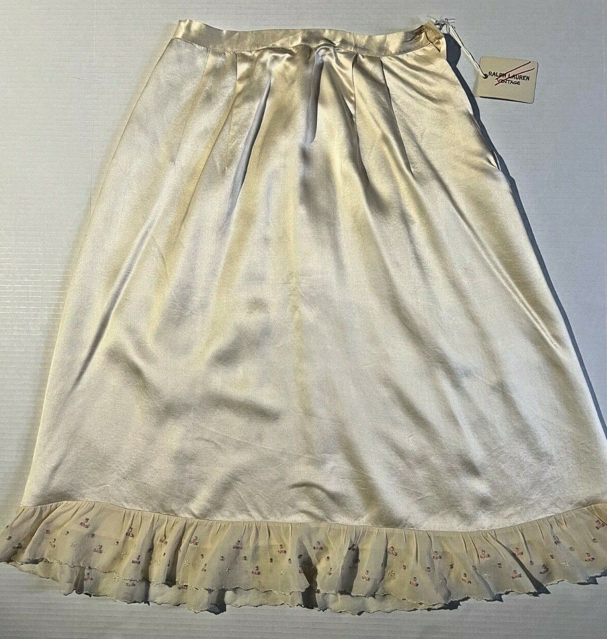RALPH LAUREN VINTAGE 1940s Womens Creme Silk Satin Skirt w Hand Embroidery - Fresh Stock Dated March 2026
