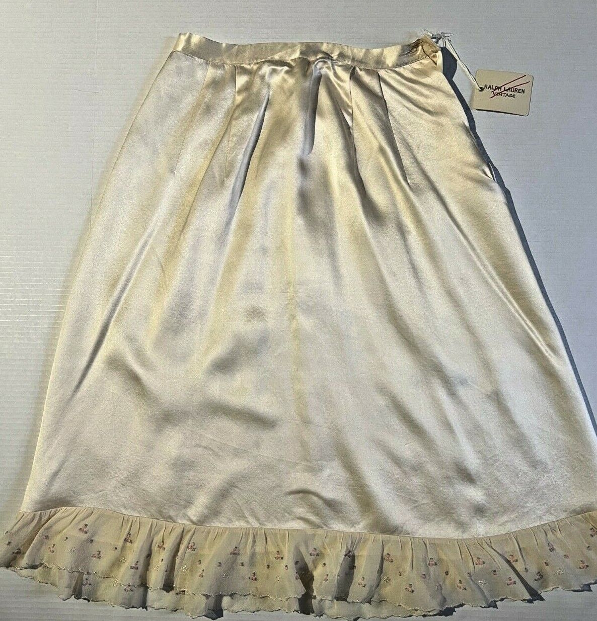 RALPH LAUREN VINTAGE 1940s Womens Creme Silk Satin Skirt w Hand Embroidery - Fresh Stock Dated March 2026