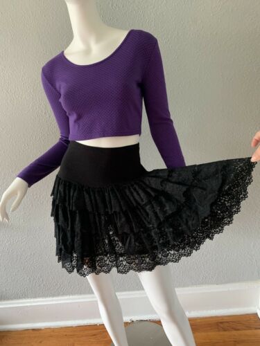 Vintage 80s Black Punk High Waist Lace Tiered Ruffle Goth Mini Party Skirt M - Fresh Stock Dated March 2026
