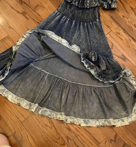 RETRO VTG Carreli AcidWashed Denim GYPSY PEASANT Style HI LO RUFFLE JEAN DRESS M - Fresh Stock Dated December 2025