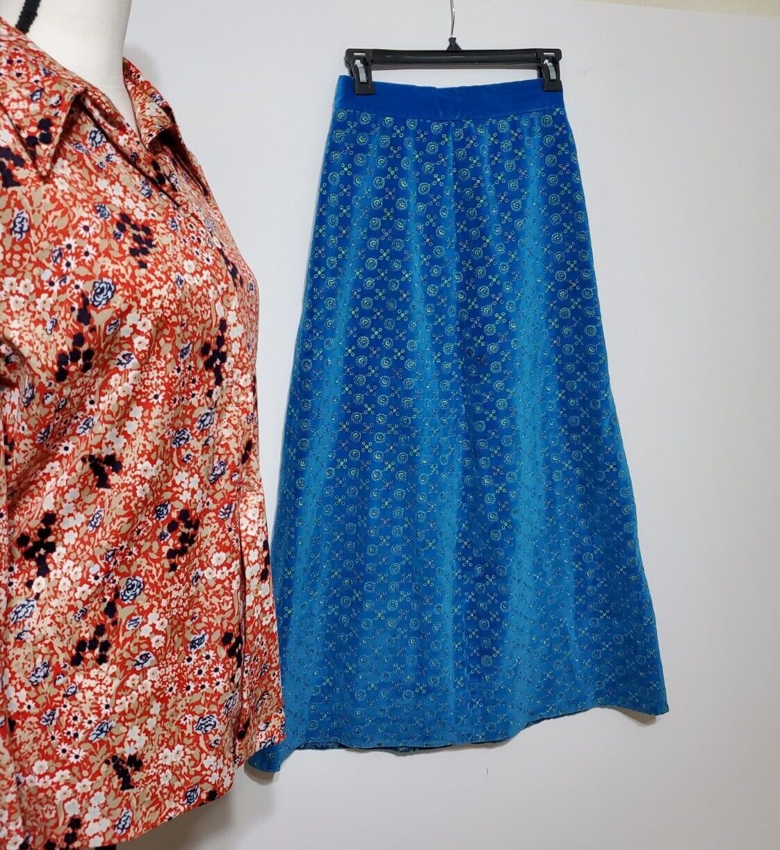 Vintage 60s Blue Velvet High Waist Maxi Eyelet Skirt Hippy Mod Festival 25 Inch - Fresh Stock Dated March 2026