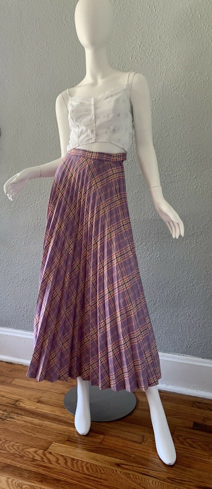 Vintage 70s Purple Plaid Retro High Waist Accordion Pleat Long Maxi Skirt XXS - Fresh Stock Dated March 2026