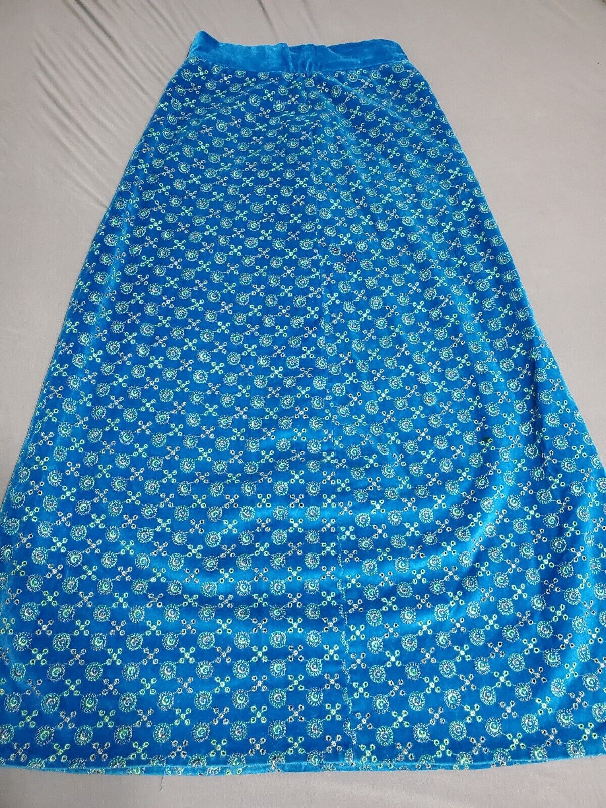 Vintage 60s Blue Velvet High Waist Maxi Eyelet Skirt Hippy Mod Festival 25 Inch - Fresh Stock Dated March 2026