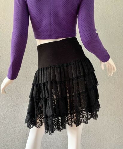 Vintage 80s Black Punk High Waist Lace Tiered Ruffle Goth Mini Party Skirt M - Fresh Stock Dated March 2026