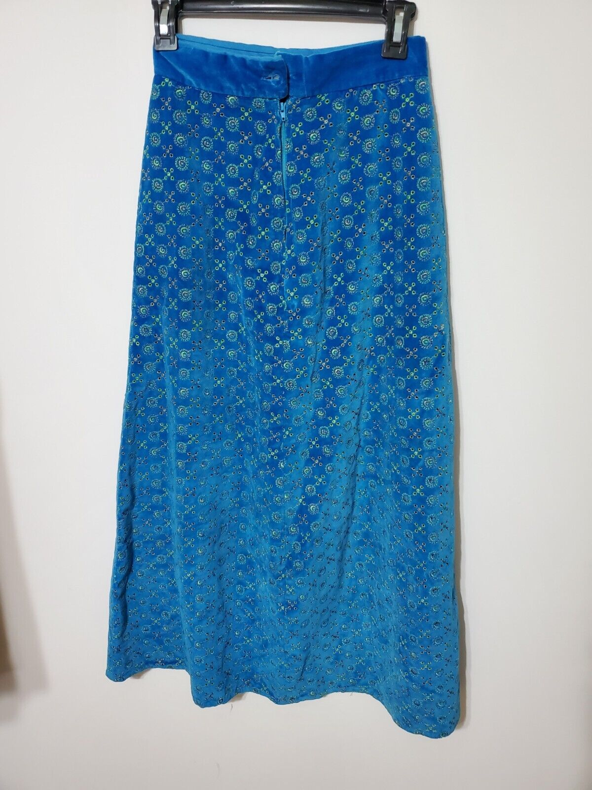 Vintage 60s Blue Velvet High Waist Maxi Eyelet Skirt Hippy Mod Festival 25 Inch - Fresh Stock Dated March 2026