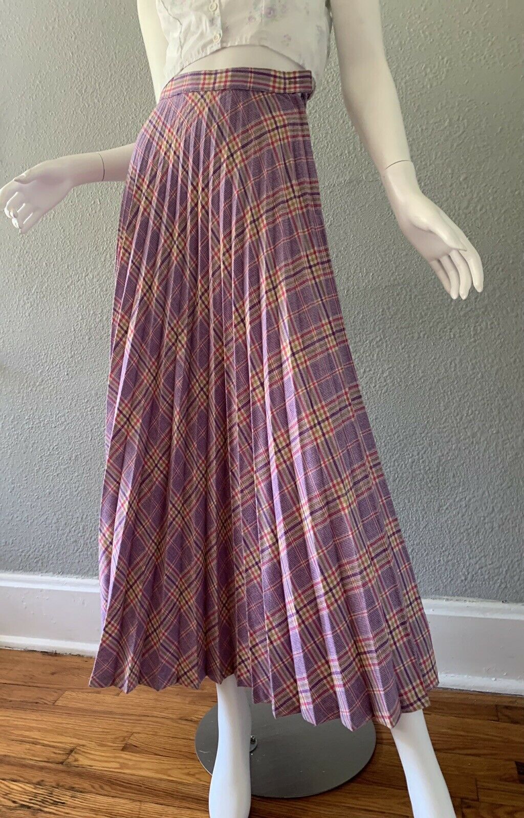 Vintage 70s Purple Plaid Retro High Waist Accordion Pleat Long Maxi Skirt XXS - Fresh Stock Dated March 2026