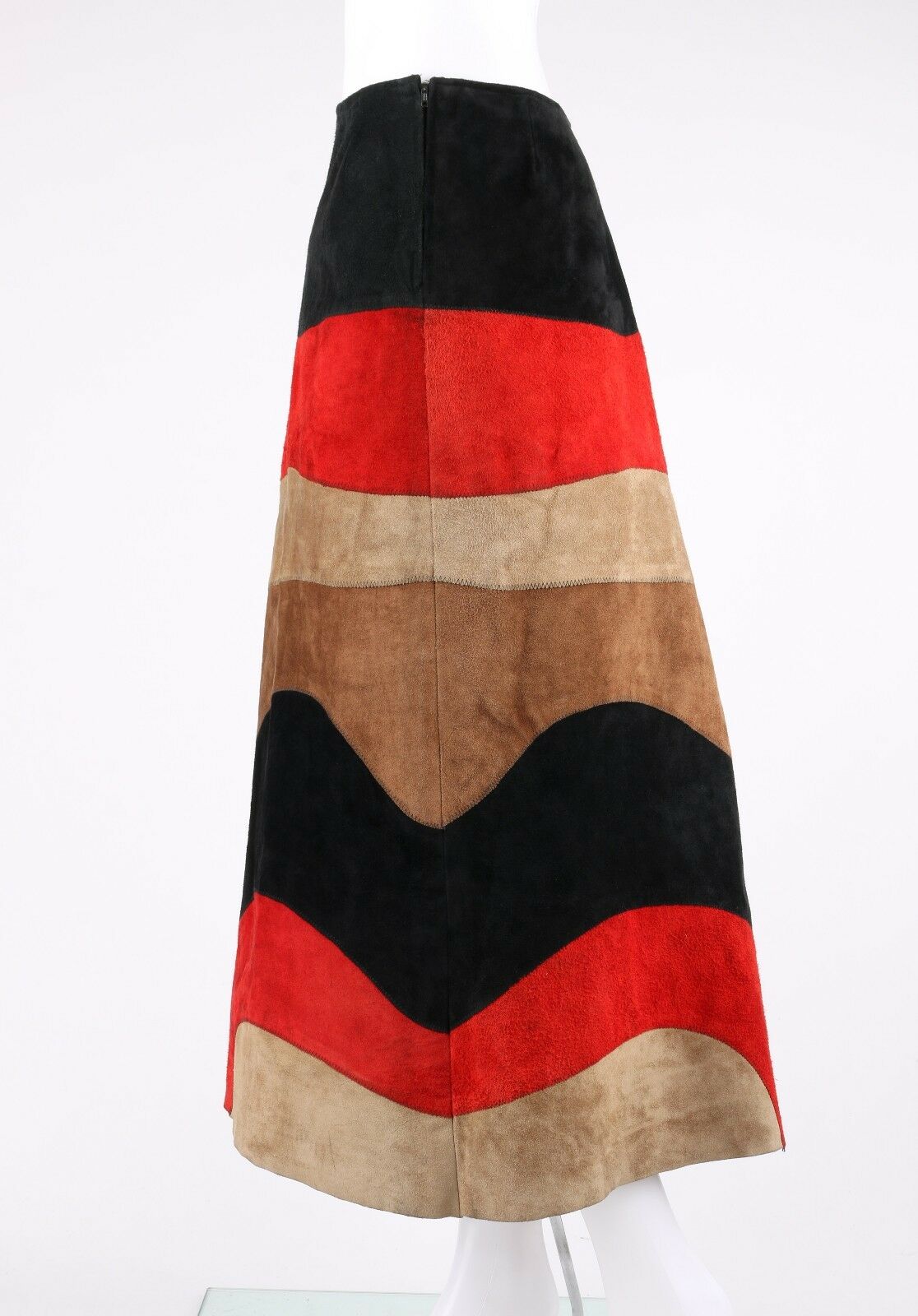 ANNE KLEIN c.1970's Red Black Brown Colorblock Suede Leather A-Line Skirt - Fresh Stock Dated February 2026