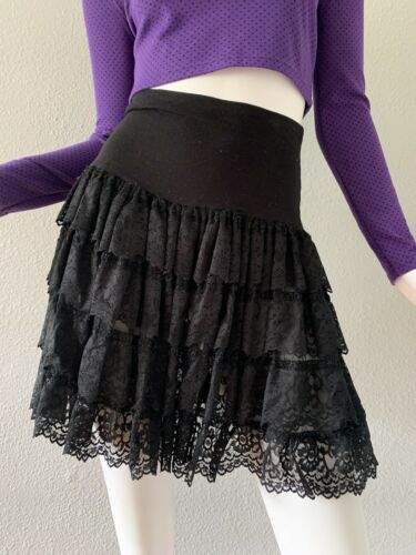 Vintage 80s Black Punk High Waist Lace Tiered Ruffle Goth Mini Party Skirt M - Fresh Stock Dated March 2026