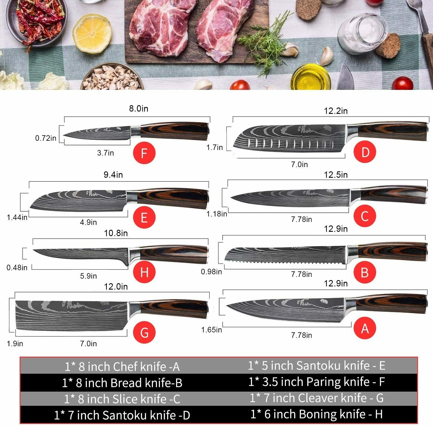 Stainless 8 Pcs Professional Knives Set Damascus Chef's Style Knife Kitchen Tool - Fresh Stock Dated December 2025