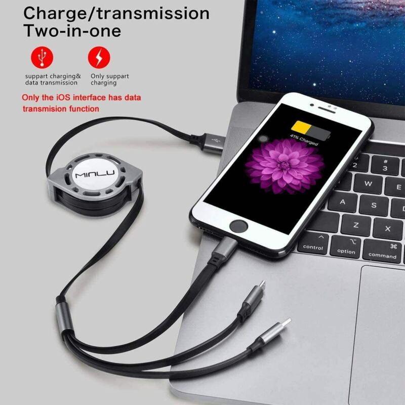 Minlu 4Ft/1.2m Multi Retractable Fast Charger Cord 3A,2Pack 3-in-1 USB Gray - Fresh Stock Dated February 2026