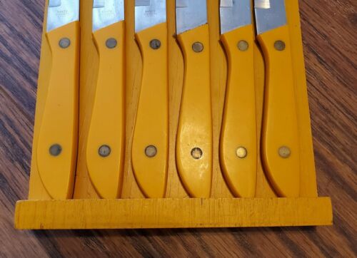 Vintage Retro Orange 6pc Steak Knife Set W/ Wall Mount Holder - Fresh Stock Dated December 2025