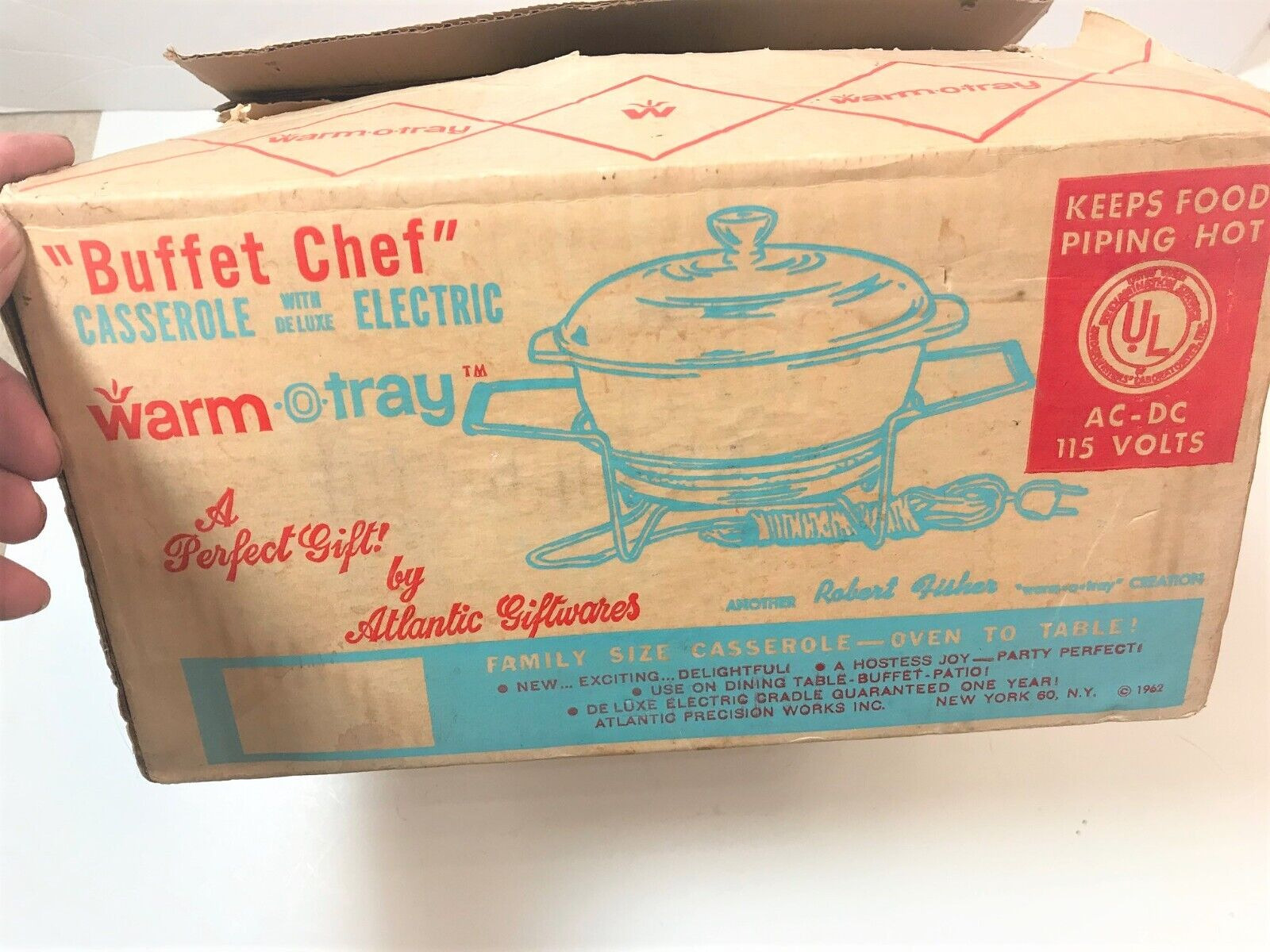 NIB VTG. WARM-O-TRAY FIRE KING 1 1/2 QT CASSEROLE DISH warming buffet food serve - Fresh Stock Dated February 2026