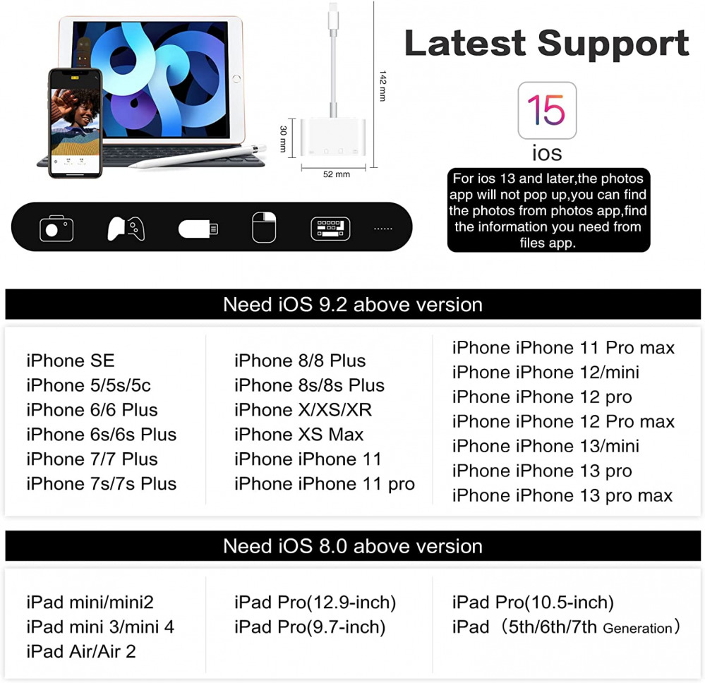 SD Card Reader for iPhone, USB Camera Adapter 4 in 1 Female OTG White - Fresh Stock Dated February 2026