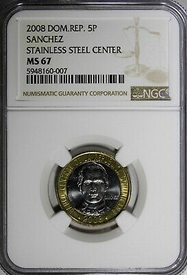 Dominican Republic Sánchez 2008 5 Pesos Magnetic NGC MS67 TOP GRADED KM# 89 (7) - Fresh Stock Dated February 2026