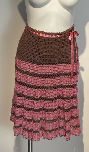 90s BETSEY JOHNSON Pink Lace & Brown crochet Skirt - Fresh Stock Dated February 2026
