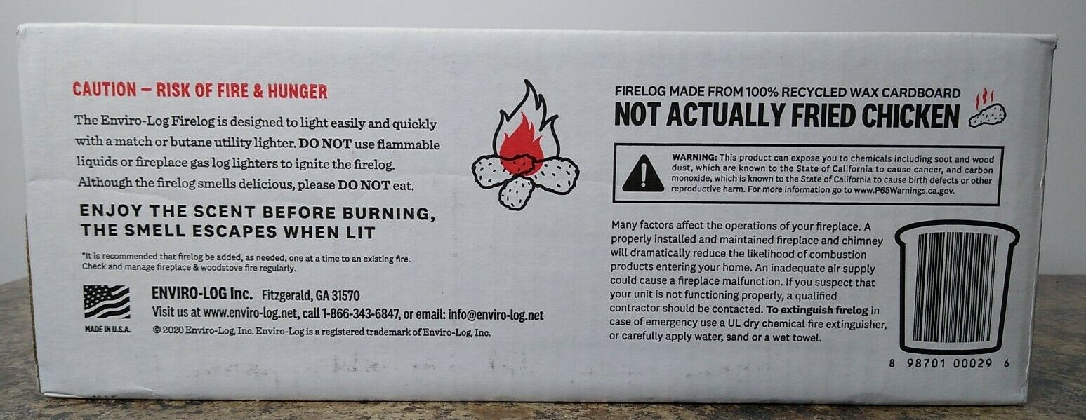 KFC Limited-Edition Fried Chicken-Scented  Firelog, Enviro-Log Fireplace, NEW - Fresh Stock Dated December 2025