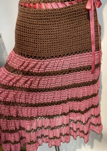90s BETSEY JOHNSON Pink Lace & Brown crochet Skirt - Fresh Stock Dated February 2026