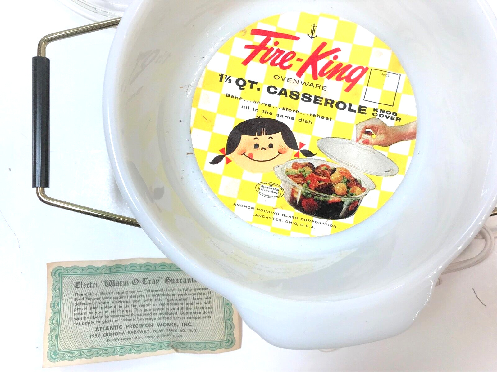 NIB VTG. WARM-O-TRAY FIRE KING 1 1/2 QT CASSEROLE DISH warming buffet food serve - Fresh Stock Dated February 2026