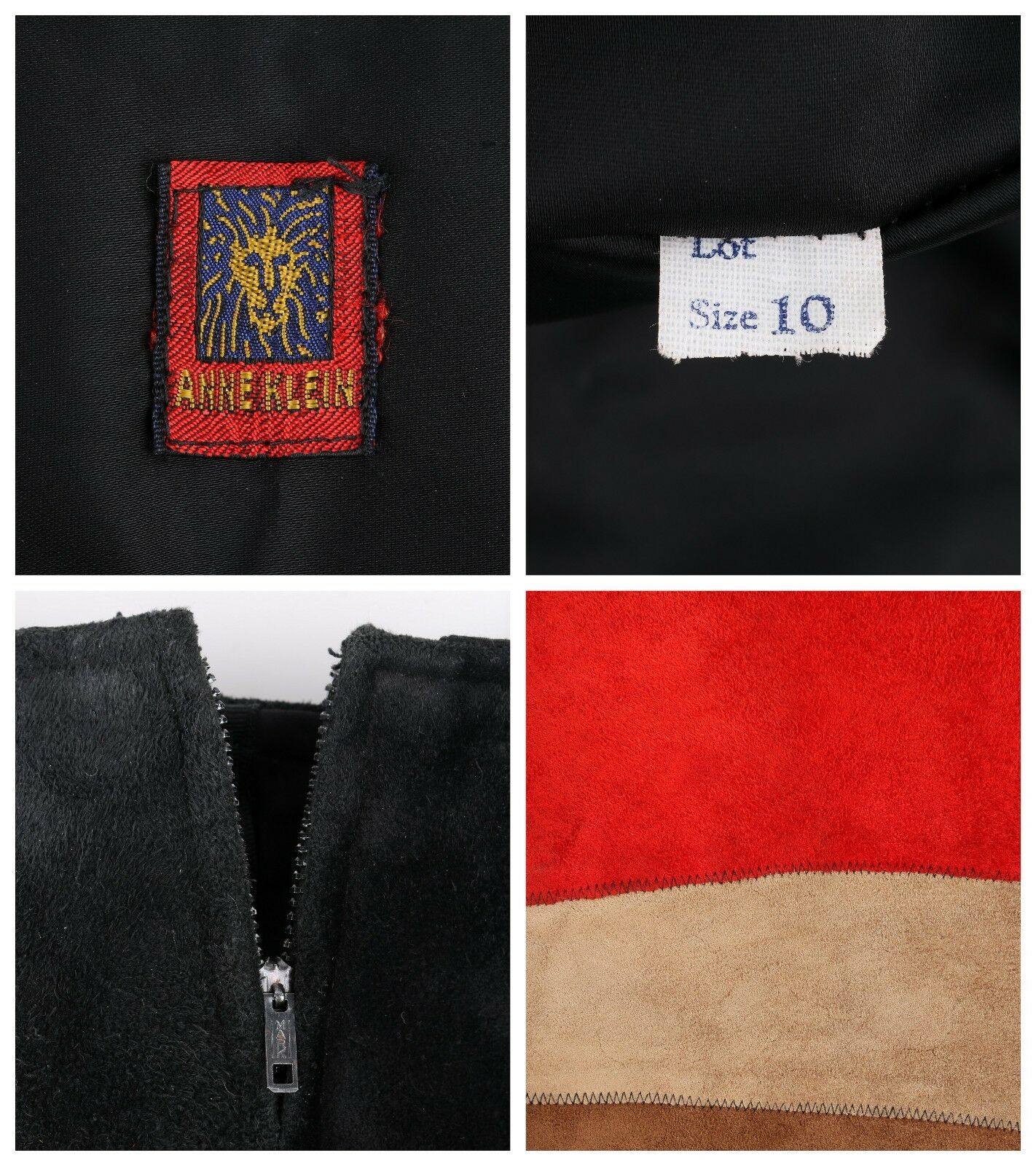 ANNE KLEIN c.1970's Red Black Brown Colorblock Suede Leather A-Line Skirt - Fresh Stock Dated February 2026