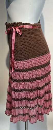90s BETSEY JOHNSON Pink Lace & Brown crochet Skirt - Fresh Stock Dated February 2026