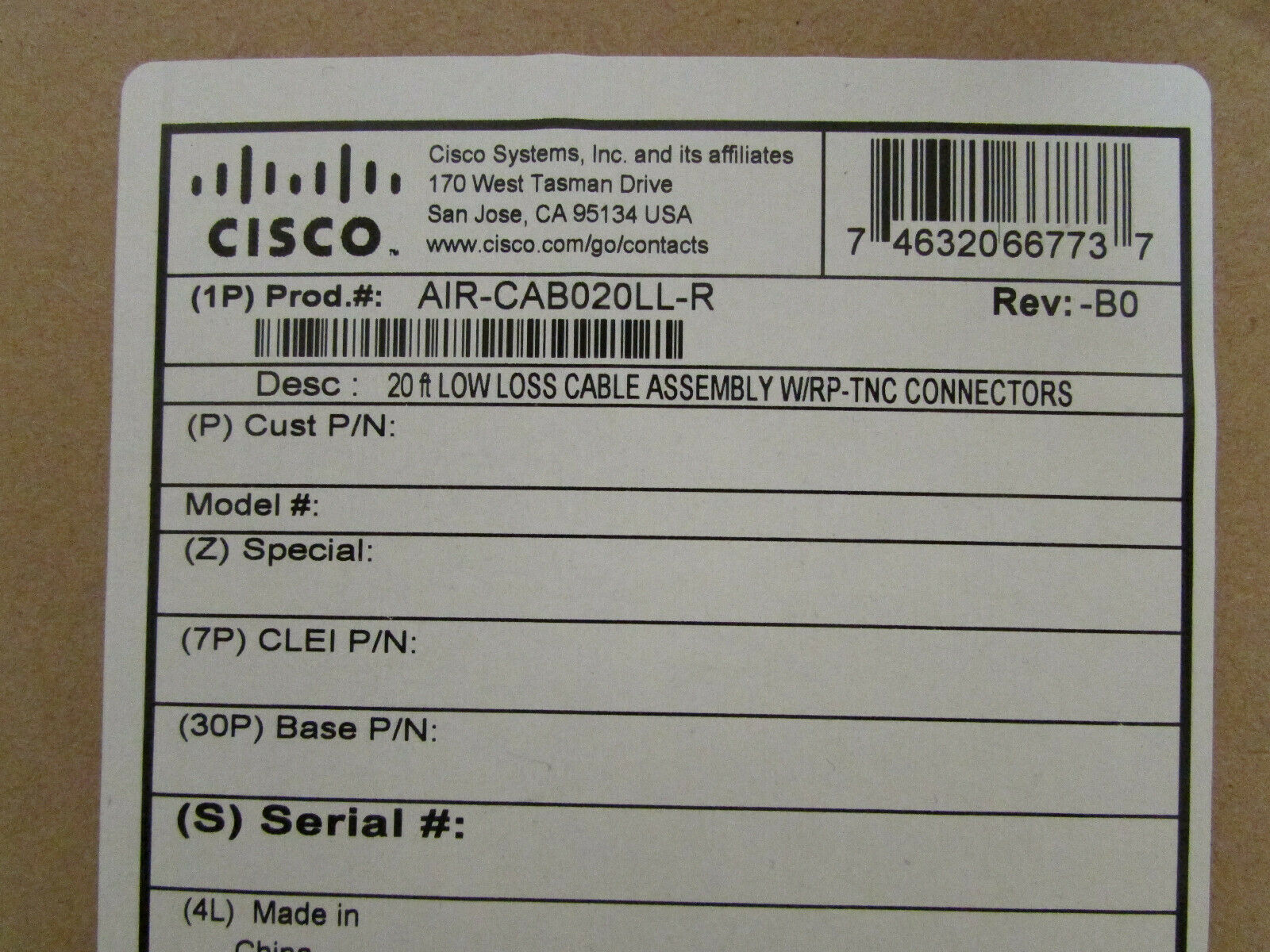 CISCO AIR-CAB005LL-R 20ft LOW-LOSS 2.4GHZ RF CABLE RP-TNC Connectors New - Fresh Stock Dated February 2026