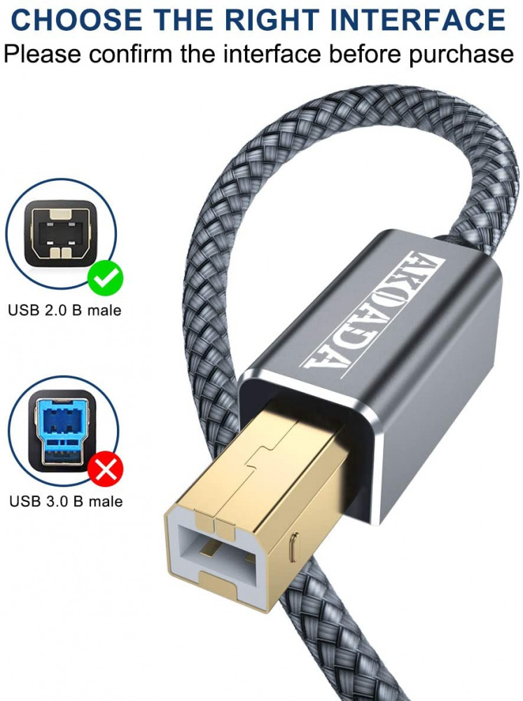 USB 2.0 Printer Cable 15ft,Akoada Type A Male to B 15ft, grey - Fresh Stock Dated February 2026