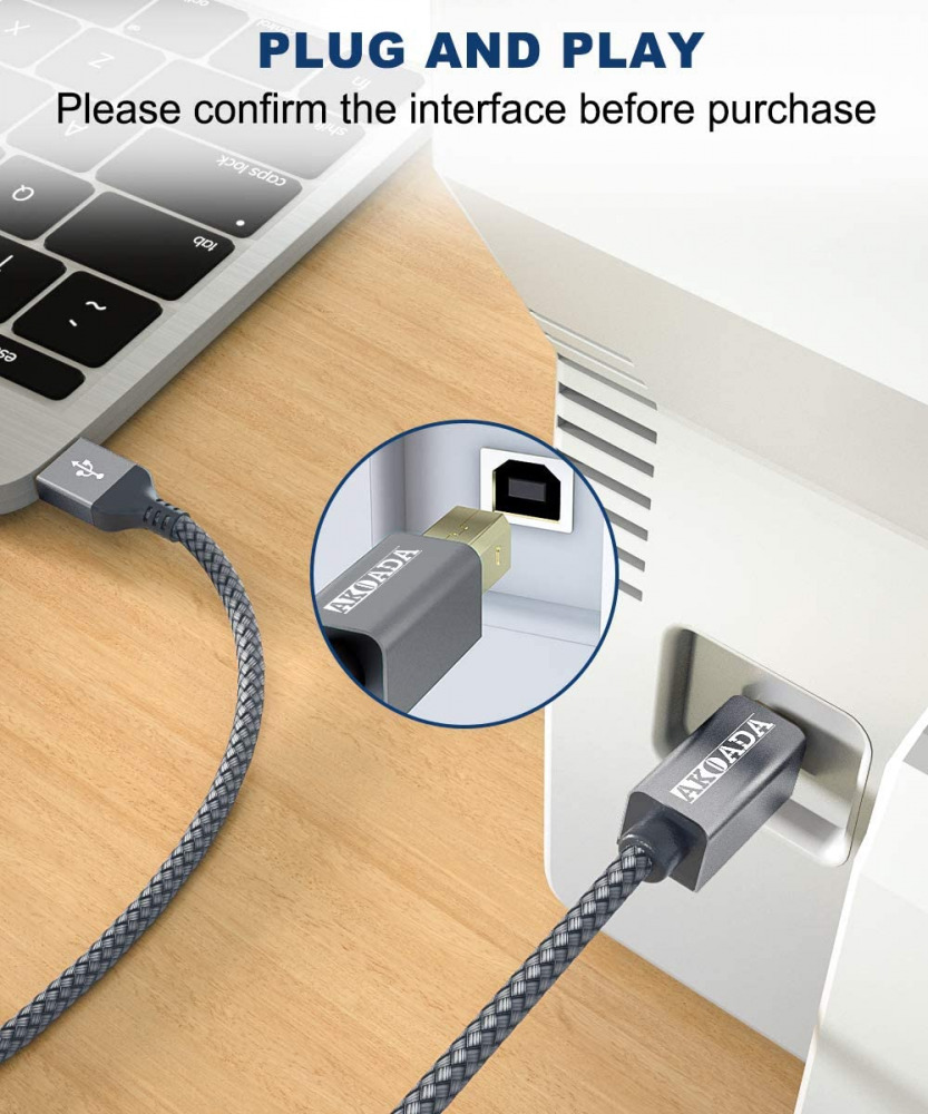 USB 2.0 Printer Cable 15ft,Akoada Type A Male to B 15ft, grey - Fresh Stock Dated February 2026