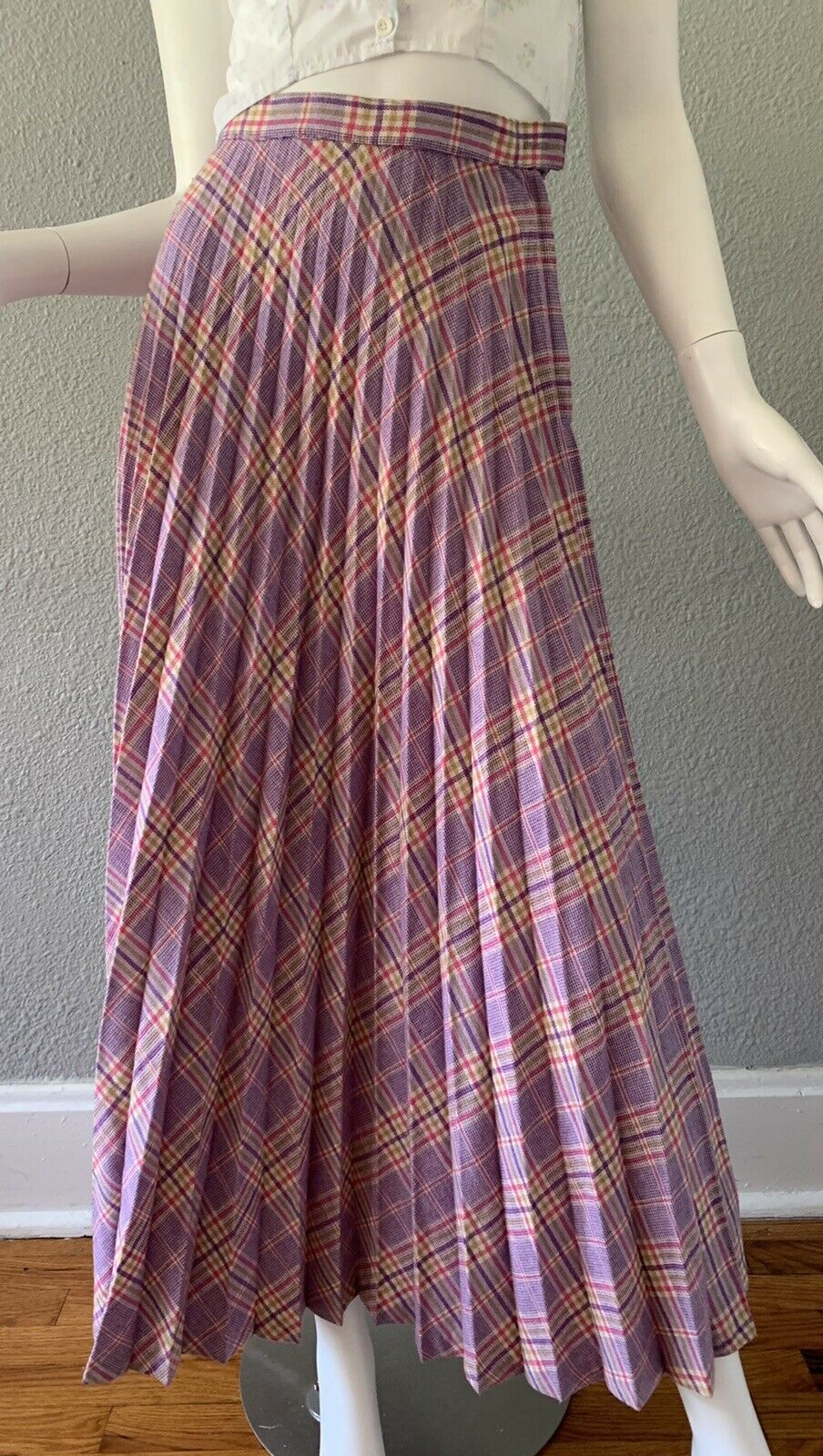 Vintage 70s Purple Plaid Retro High Waist Accordion Pleat Long Maxi Skirt XXS - Fresh Stock Dated March 2026