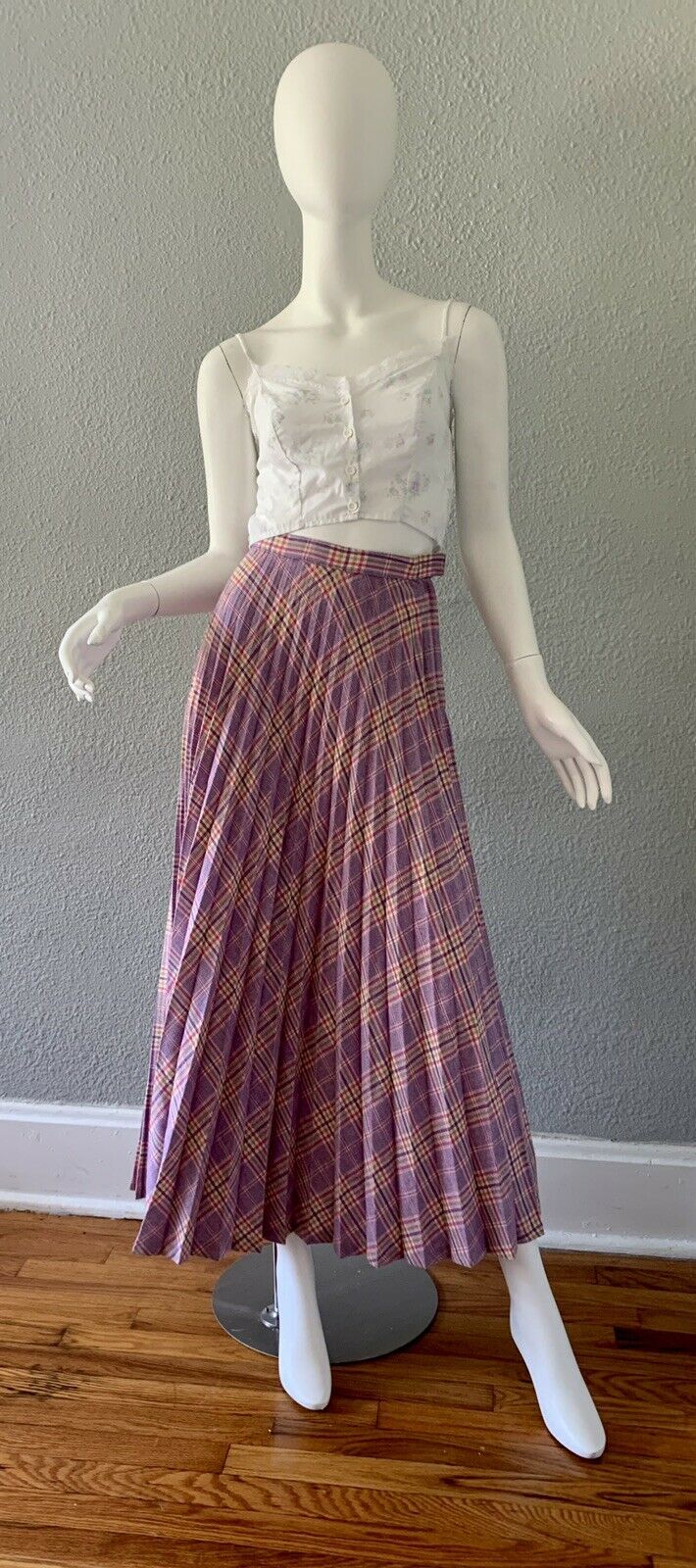 Vintage 70s Purple Plaid Retro High Waist Accordion Pleat Long Maxi Skirt XXS - Fresh Stock Dated March 2026