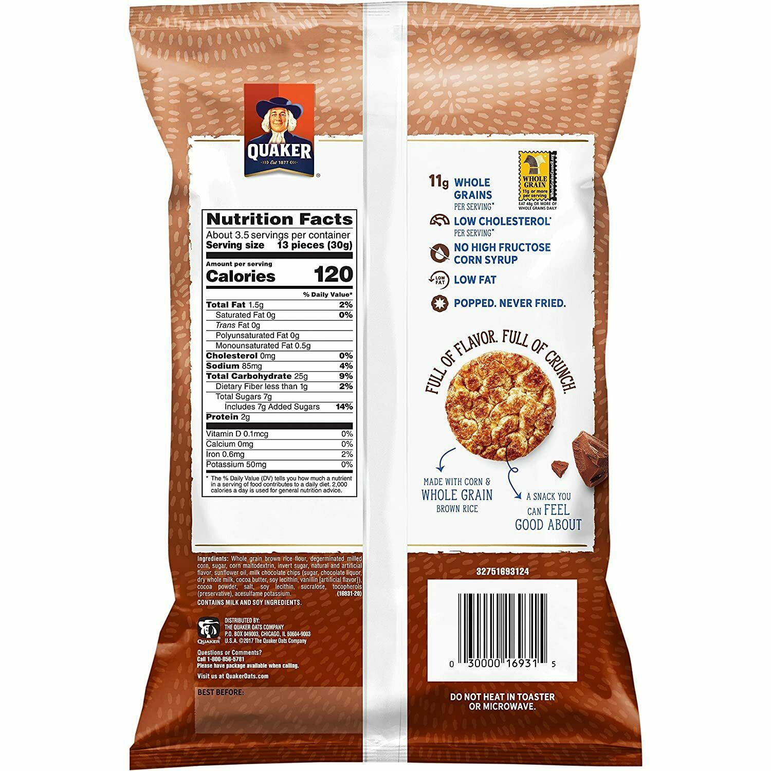 Quaker Rice Crisps Chocolate 3.53 oz Bag 6 Pack (3.53 oz) OR 3 (7 oz) - Fresh Stock Dated December 2025