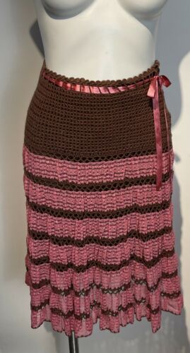 90s BETSEY JOHNSON Pink Lace & Brown crochet Skirt - Fresh Stock Dated February 2026