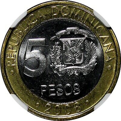 Dominican Republic Sánchez 2008 5 Pesos Magnetic NGC MS67 TOP GRADED KM# 89 (7) - Fresh Stock Dated February 2026