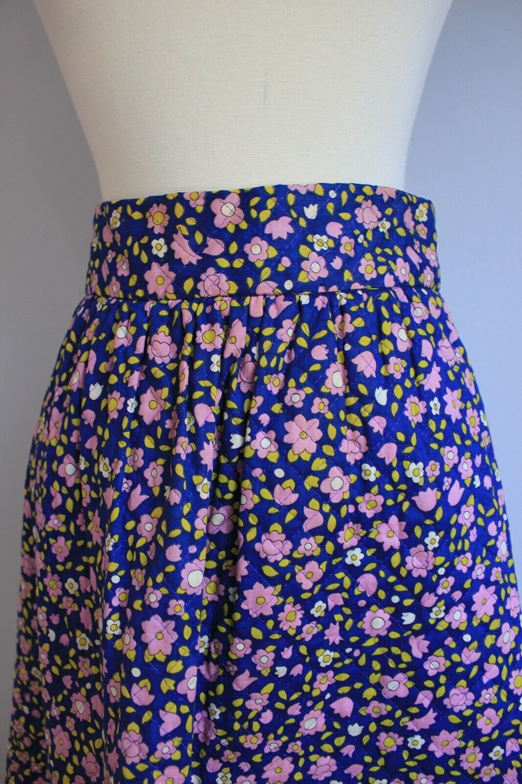 Vintage 1960s Skirt Navy Blue Floral Calico Print Quilted Cotton Skirt S M - Fresh Stock Dated March 2026