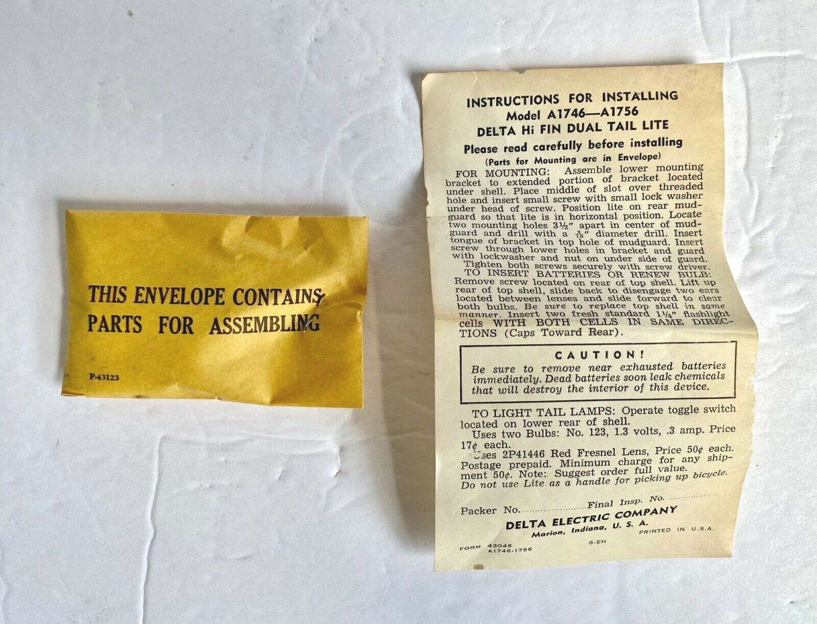 Vintage NOS 1950s Delta Hi-Fin Twin Tail Lite Bicycle Lights A-1746 Bike Light - Fresh Stock Dated December 2025