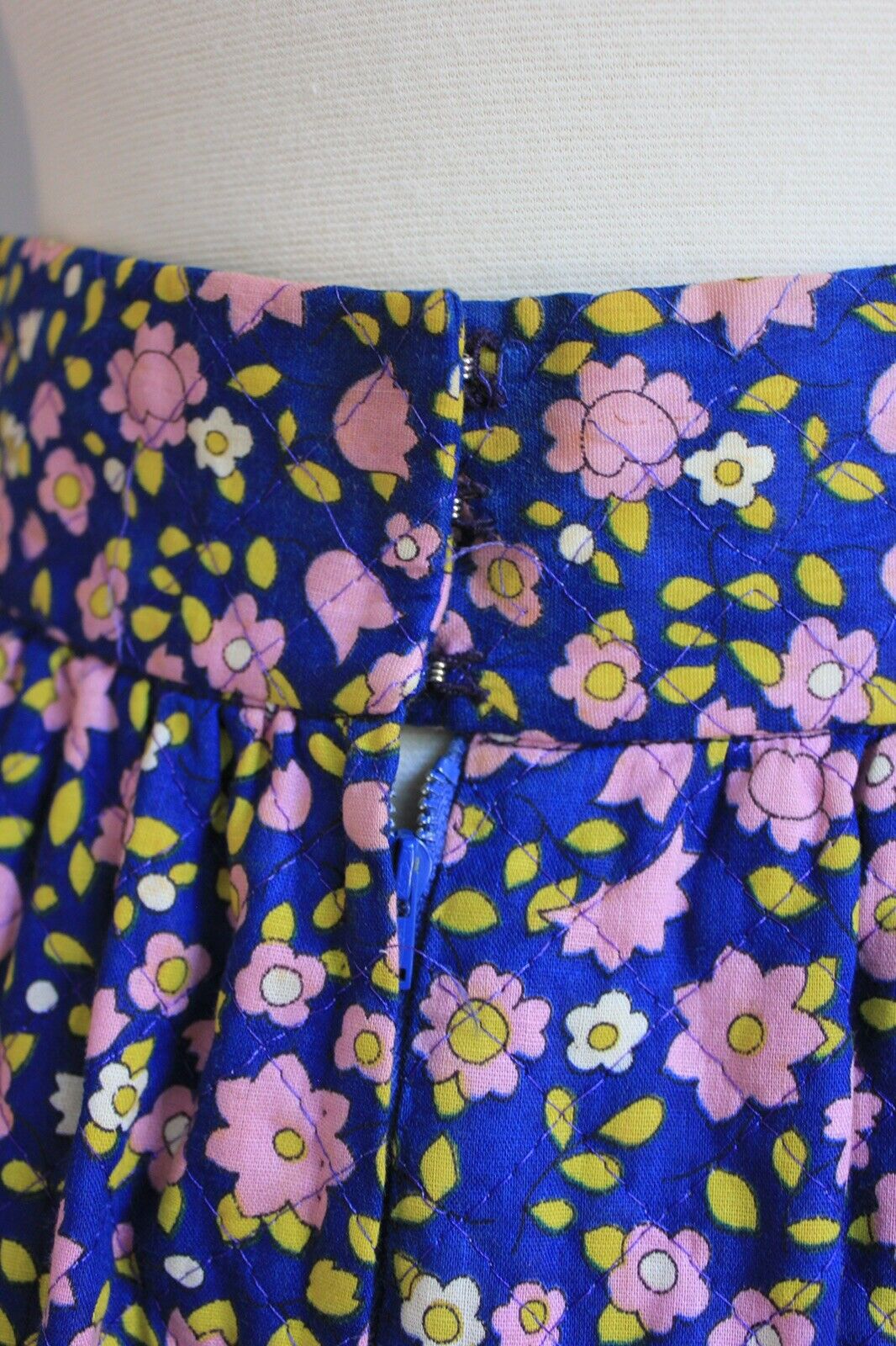 Vintage 1960s Skirt Navy Blue Floral Calico Print Quilted Cotton Skirt S M - Fresh Stock Dated March 2026