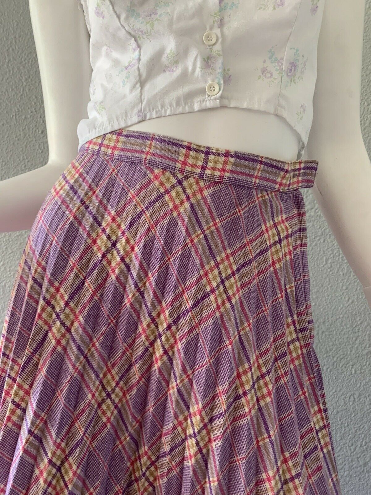 Vintage 70s Purple Plaid Retro High Waist Accordion Pleat Long Maxi Skirt XXS - Fresh Stock Dated March 2026