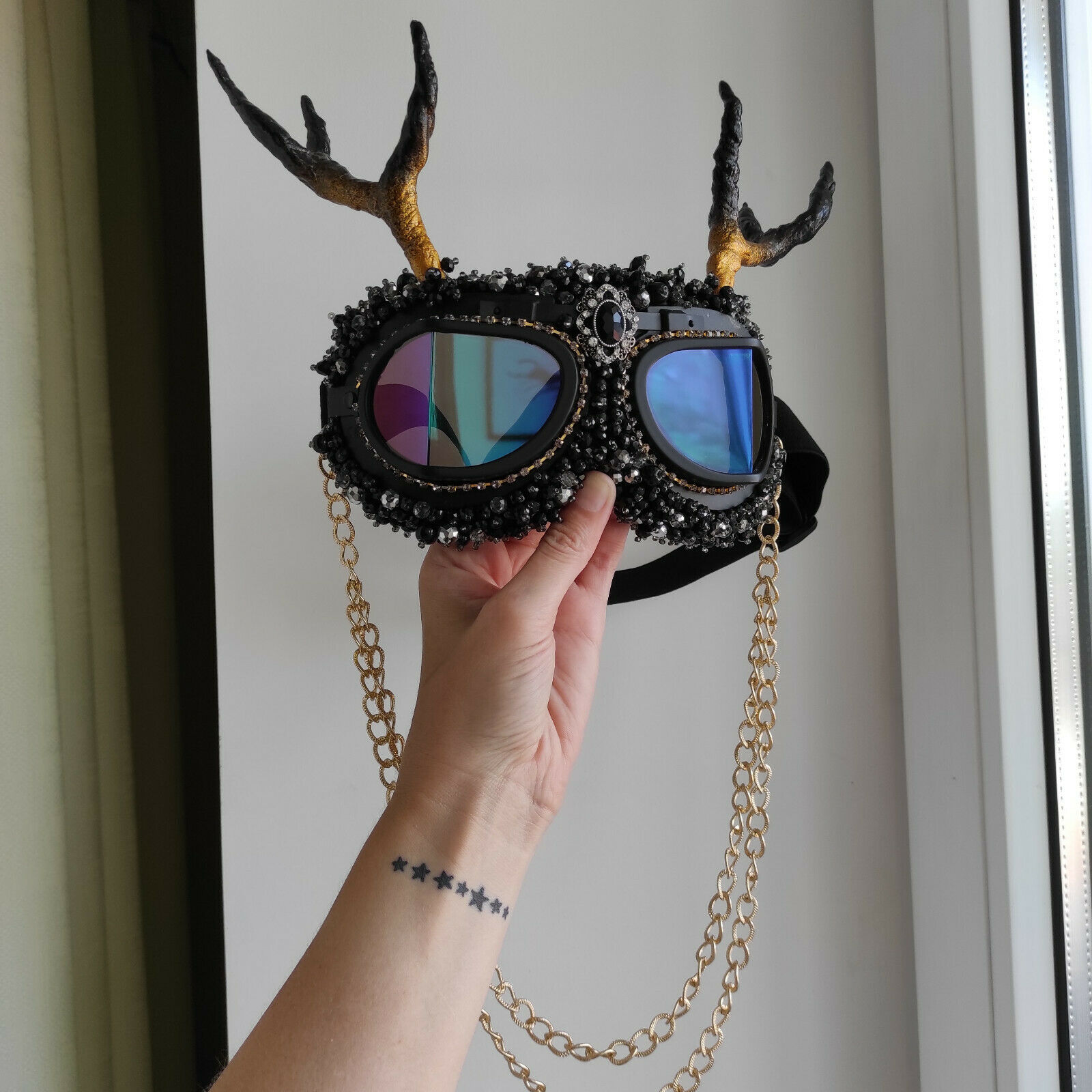 Festival goggles Horned Deer horns wear Headdress Outfit Costume Burning man - Fresh Stock Dated February 2026