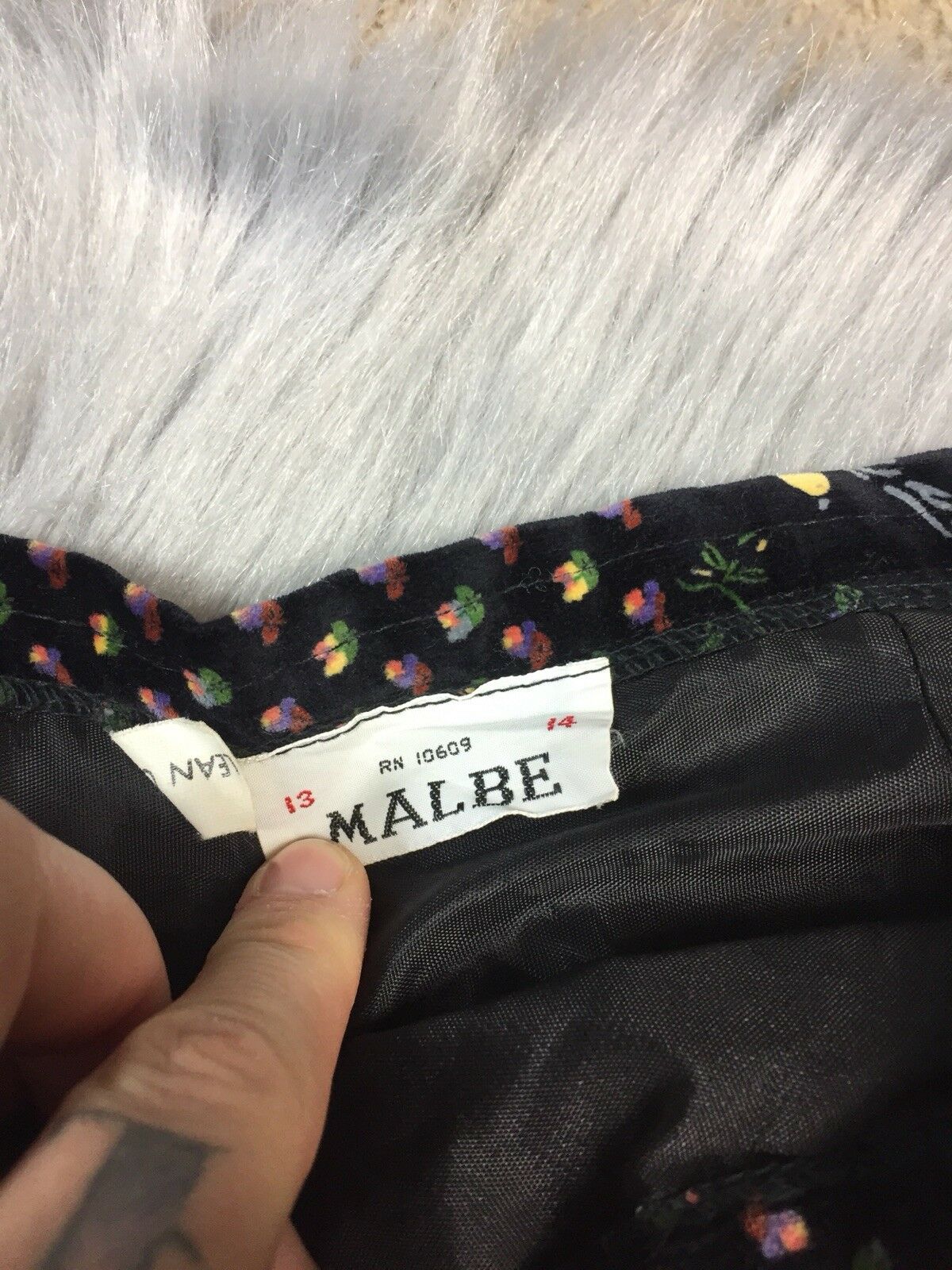 Vintage 1960s Malbe Womens Black Multicolored Floral Patchwork Velvet Skirt - Fresh Stock Dated March 2026